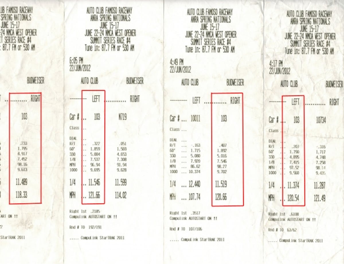 On the left are the two passes recorded with the 18-inch ET Street Radial II tires, while the two passes on the 15-inch Street Radial (including our best run of 11.37) are shown on the right.