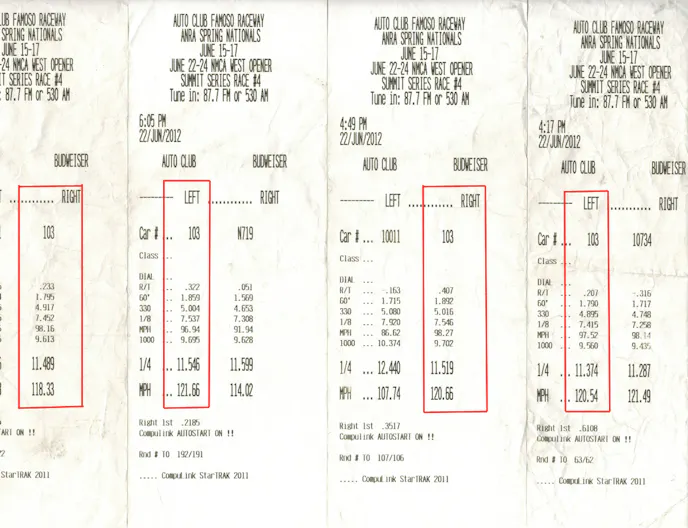On the left are the two passes recorded with the 18-inch ET Street Radial II tires, while the two passes on the 15-inch Street Radial (including our best run of 11.37) are shown on the right.