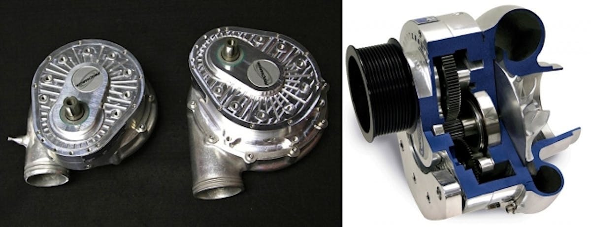 Here’s a comparison of the Procharger F-1R on the left and the upgraded F-1X. The outlet diameter on the F-1X is a half-inch larger than the F-1R. On the other side, the inlet diameter is a full inch larger. The photo was taken with the F-1X right out of the box. The orientation of the internal 1:5.4 step-up gear drive (shown on the right) was later adjusted to match the F-1R’s position for installation in the car. The maximum impeller speed increases from 68,000 to 72,000 rpm on the F-1X.
