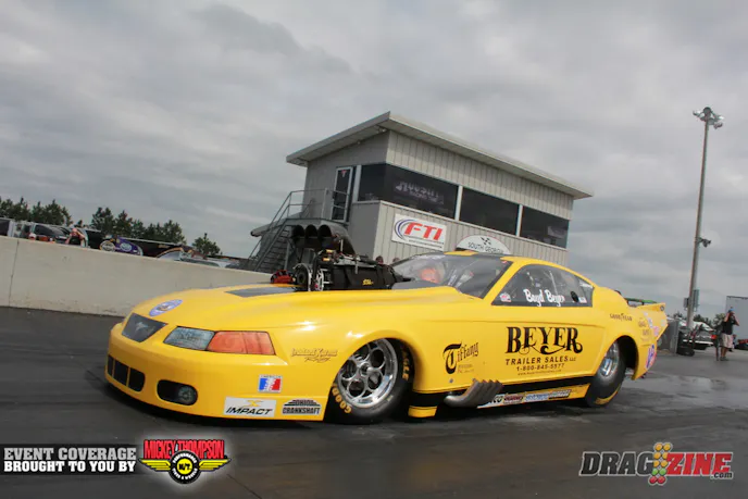 Boyd Beyer is here this weekend with a new car and engine combo after selling his car and nitrous engine he ran last year. This year he switched to a 2006 Jerry Hass Mustang pro Mod and a Brad Anderson Hemi. Today was his first run in a blown car so he was just getting used to driving it and made hit as far as the 330. Boyd has been racing since he was 16 years old after getting involved through his father who raced for Ford Motor Company and was a Hurst Shifting Dr. back in the 60’s doing track service on Hurst parts. Sponsors are Beyer Trailer Sales, Tom Swigart’s Tiffany Jewlers (no not THAT one) in Xenia Ohio and Boyd Sign and Graphics, who is doing the ADRL banners this year. Swigart is the fourth generation owner sine it was established in the mid 1800’s.