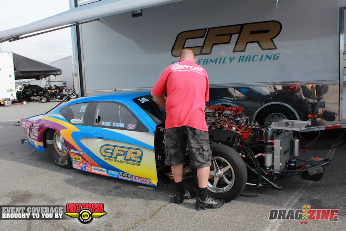 Jeff Prock is crew chief for Rick Corn who runs Top Sportsman with a new gen Hemi on nitrous, certainly a different combination as there are only two built by Indy Cylinder Heads for Rick. He was runner up to Marco Abruzzi in the season opener in Rockingham. The engine is fed by a set of Damn Best split carbs and Applied Nitrous Technology systems with good runs in the 4.19 zone on two kits.