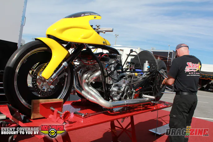 Jay Fisher is running ADRL for the first time this season with a new bike built by former ADRL Champion Dan Parker to George Bryce’s specs. The Star Racing Suzuki is powered by number 001 MonStar 4 valve billet head 1795 cc engine making about 600 horsepower. They have been developing this combo last year testing and running a few local races. Sponsors include Star Racing, VP Fuels, Speedtech Nitrous and Jay’s own Fisher and Associates.