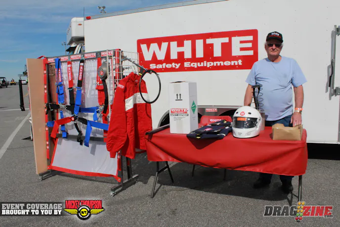 Former co owner of Stroud Racing Carl White is here with a booth for his new venture White Safety Equipment. He was bought out 5 years ago from Stroud and started this up last December after racer demand and many phone calls asking him to come back into the industry. White has a full line of safety gear from apparel to parachutes and fire systems available.