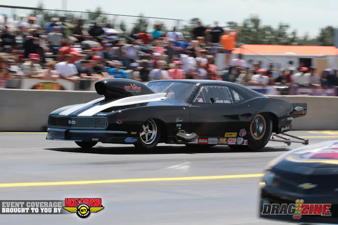 John Hall sits in third after one session, he earned top MPH for the round with a 195.25 MPH blast in his Pat Musi Racing powered 68 Camaro.