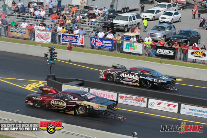 Steve Jackson (near lane) led the Pro Nitrous field all day and improved every round finishing the day with a 3.841 @ 196.39, also earning high mile per hour in qualifying on the run. Jackson won the Rockingham event in his first ADRL appearance and looks to be on track this weekend as well.