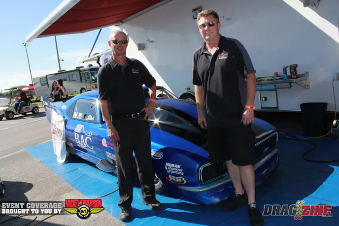 Clint Satterfield runs this 1968 Camaro in Pro Modified with an NHRA legal Pro Mod running a Brad 8 with twin 88 mm Precision turbos. Clint and crew chief Bob Gardener have been working on the car since January of 2012 and made some changes over the winter looking to improve the performance for 2013. Originally a Tim McAmis car with updates by Jerry Bickel Race Cars they ran ADRL and NHRA last year setting the MPH record at 198 at the Dallas ADRL event. Sponsors include BAC Enterprises; a general contractor based in Albuquerque owned by Clint and his father, Dan Saitz’ Hyperformance Motorsports and Yearwood Performance Center.