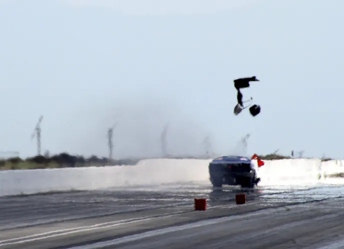 A top-end nitrous explosion took the scoop clean off of Joe Lepone's '70 Plymouth Duster in the first round of qualifying, but he had things back together in time to make another hit in Q3.