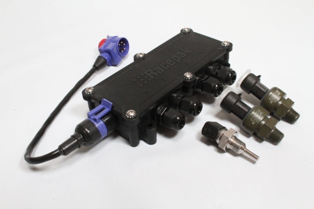One of Racepak's USM 4 Sensor Input Modules allows us to tie in a number of sensors directly to the module, and to the Racepak via one V-Net cable.