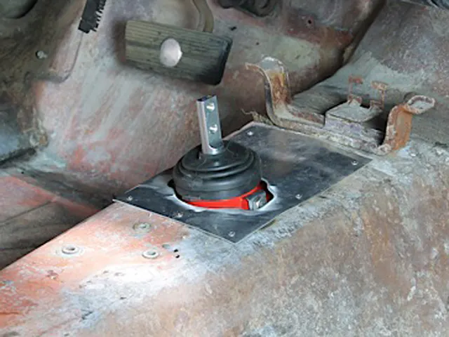 The shifter installation was buttoned up with a custom cover plate on the tunnel, which added strength back into the tunnel’s structure and acted as a sound barrier. There are still more tasks to wrap up the transmission project, including adding a new pedal system, wiring up the transmission and installing the American Powertrain-supplied driveshaft. The project still has a long way to go, but we’re definitely making progress!