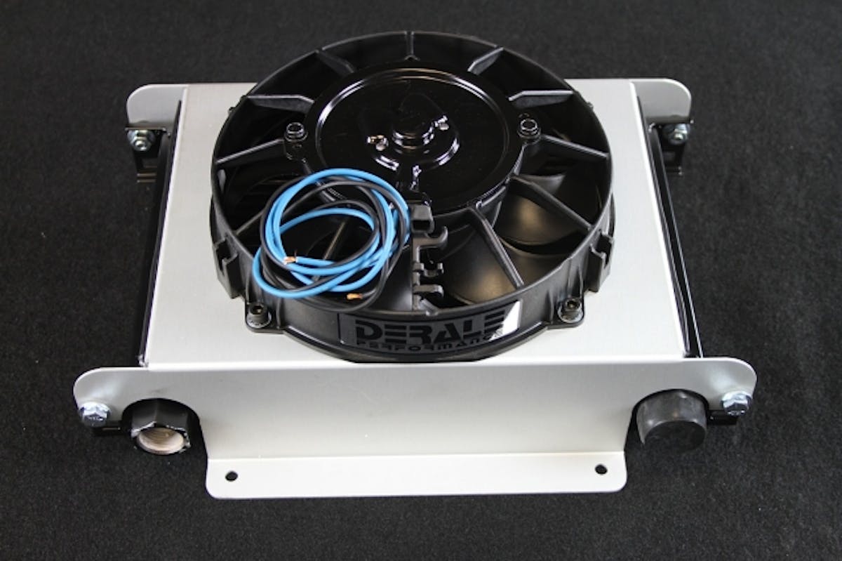 Derale's Hyper-Cool Remote Transmission cooler features a stacked plate designed and measures 10 inches by 13 inches, with a powerful 500 cfm fan providing the cooling power necessary for remote mounting.