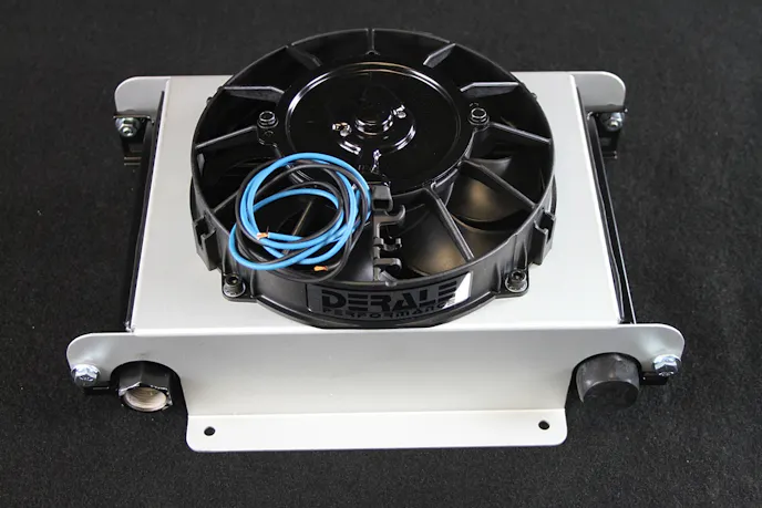 Derale's Hyper-Cool Remote Transmission cooler features a stacked plate designed and measures 10 inches by 13 inches, with a powerful 500 cfm fan providing the cooling power necessary for remote mounting.