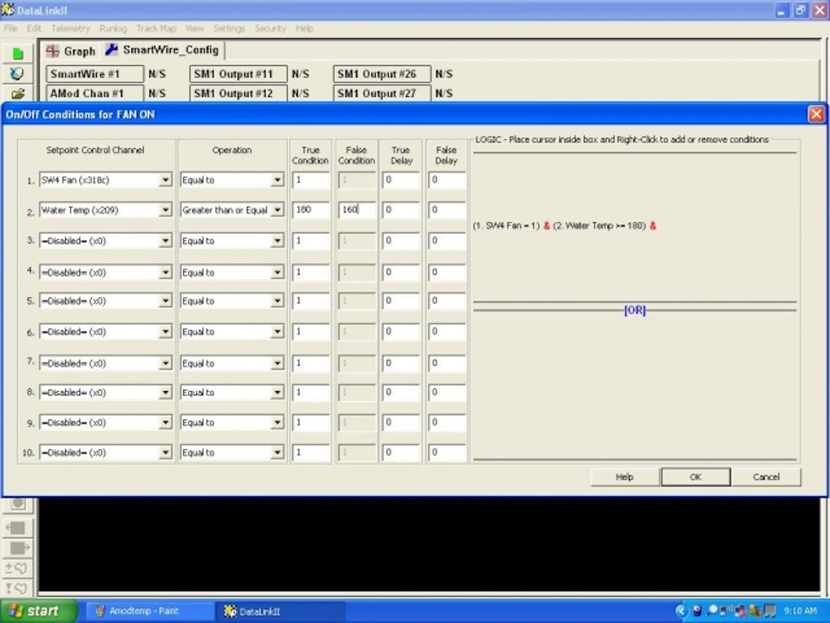 The SmartWire offers conditional formatting for sensor control, seen here.When the water temperature rises above 180 degrees Fahrenheit, the fan would turn on – True (on) value 180. However, the fan would naturally turn off again at 180 F, which would happen rapidly once the fan activated, so in order to keep the fan from toggling on and off at 180, you would set the False (off) value to 160.