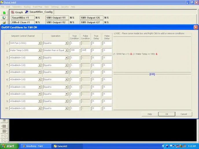 The SmartWire offers conditional formatting for sensor control, seen here.When the water temperature rises above 180 degrees Fahrenheit, the fan would turn on – True (on) value 180. However, the fan would naturally turn off again at 180 F, which would happen rapidly once the fan activated, so in order to keep the fan from toggling on and off at 180, you would set the False (off) value to 160.