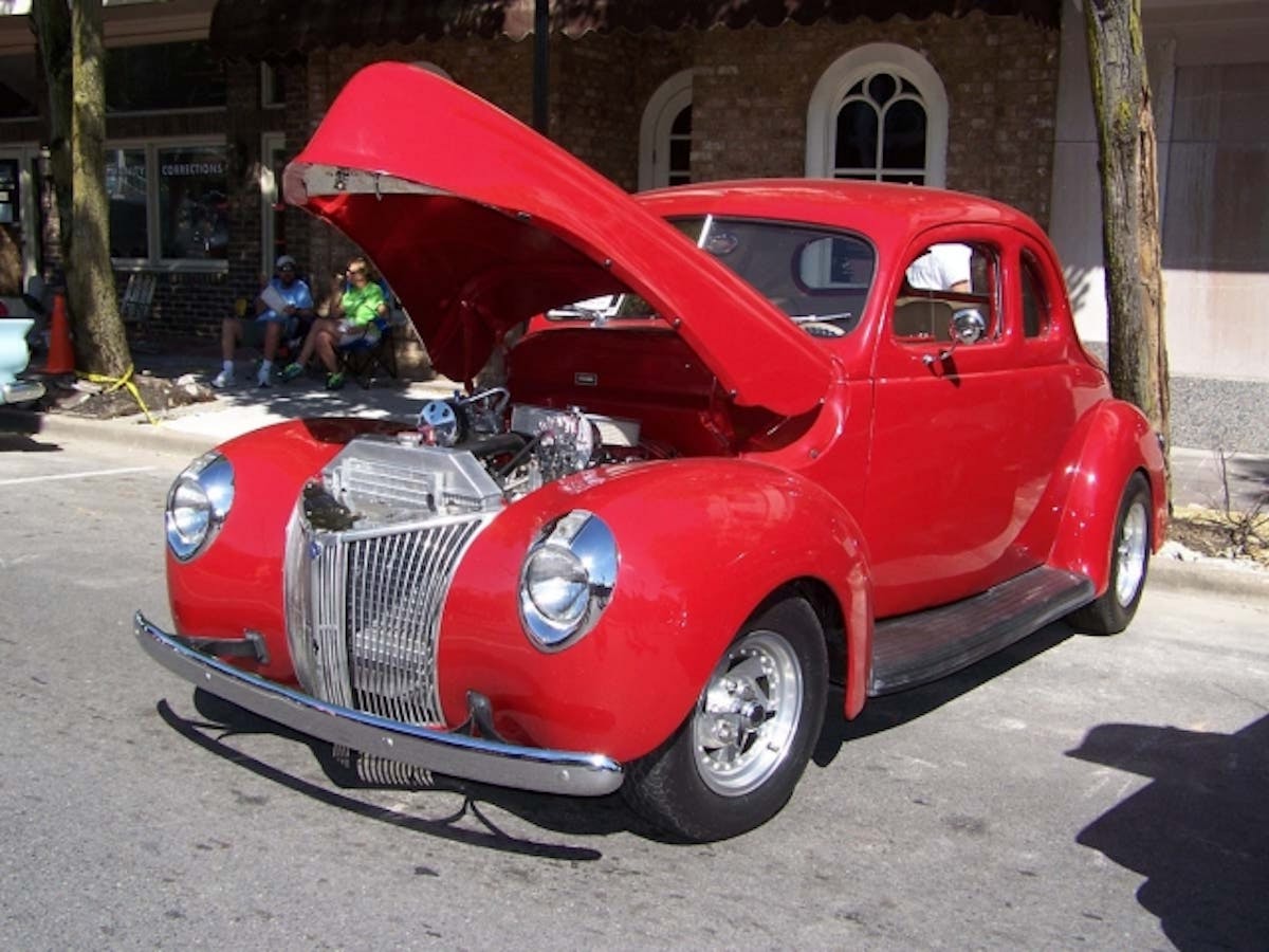 This '39 Ford Coupe is coated in classic hot rod red.