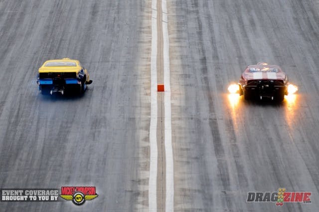 Duke Snyder (right lane) had a big flash of fire out of the pipes and the hood scoop as he raced along Jeff Naiser in the second session of Pro Nitrous. Snyder remained second with his earlier 3.95.