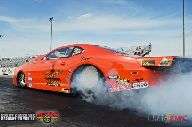 Dean Goforth, in his new Chevreolet Camaro, cruised to the provisional pole in X-Treme Pro Stock with a 4.083 in the heat of the day in the first session. 