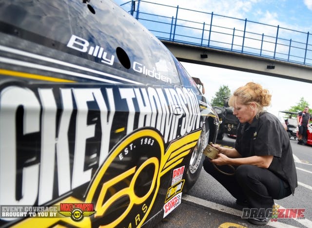 The hardest working couple in drag racing, Billy and Shannon Glidden, are moving to the enxt round in Pro  Nitrous thanks to the always-feisty Glidden's starting line prowess. The second-gneration racer was better off the line and sent Duke Snyder home on a holeshot, 3.94 to 3.93.