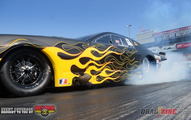 In the first round of Pro X-Treme, Danny Lowry brought the crowd to their feet when his twin-turbo Mustang hied the front wheels down track and began motoring toward the centerline. Lowry mowed down several timing blocks, giving the automatic win to Quain Stott, who was already well ahead by the point Lowry got loose.