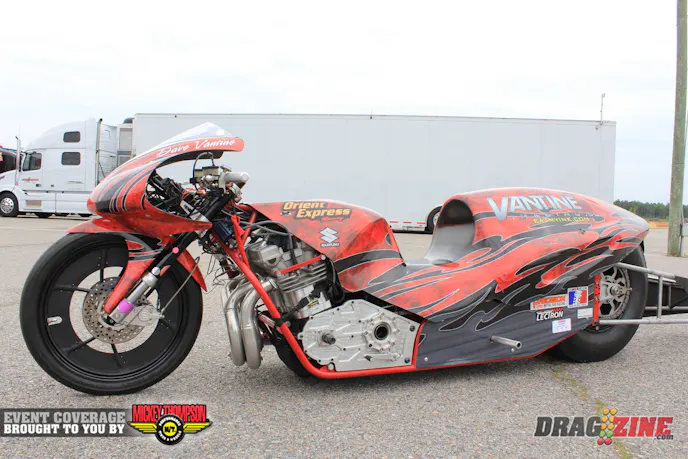 Dave Vantine finished number four overall in Pro Extreme Motorcycle for 2012, The longtime IHRA racer and former champion has struggled some this year. He ran a 4.13 earlier and are looking to get the bike back in the 4.0 range. he uses engines from Dan Wagner's DTM Performance in a Walt Timblin chassis.