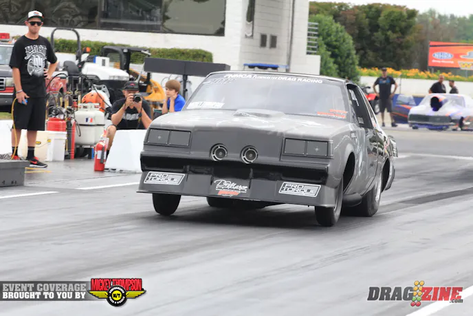 Dave DeMarco rolled in with his legal NMCA 10.5 car sporting radials. He was at Cecil County recently but had little luck getting the car down the track his first time on the tire. They figured it out yesterday thanks in part to a good track and pulled off a 4.55 @ 155 despite the trans not shifting to high gear on several attempts. Hopefully they will get that issue straightened out for qualifying on Saturday.