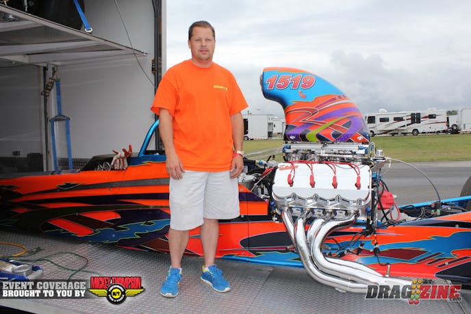 Chris Powers is here running Top Dragster with a new car powered by a 930 cubic inch Sonny’s Hemi. The car is a 262 inch swing arm design built by S&W and painted by Koreck Design. This is Powers’ first ADRL event and the car should by a contender for best appearing this weekend.