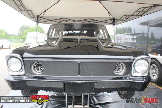 Steve Woolley is here with his 66 Chevy 2 Pro Drag Radial car for his third outing with the new car. His first event was at MIR where he took the win, then just last week at Cecil County he earned a runner up finish to Frank Soldridge. The best run with the car so far is a 4.42. The car has a twin turbo Chevy from Proline Racing displacing 596 cubic inches. The team gets a lot of help from Proline Racing and C&F Race Cars. 