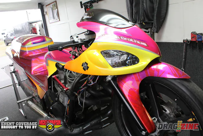 Brunson Grothus runs this beautiful Pro Extreme Motorcycle out of their own Grothus Drag Bikes shop in Davenport, Iowa. The best to date has been a 4.15 using a Ward cylinder head, Fast By Gast block, Bill Robinson Industries 5 speed auto billet trans with a MTC Engineering clutch on their own chassis built by his father Ed Grothus. Ryan Young’s Endocil Art painted this bike and two previous bikes for the team. Endocil Art is their main sponsor.