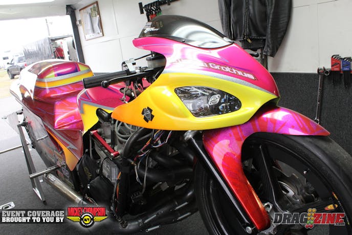 Brunson Grothus runs this beautiful Pro Extreme Motorcycle out of their own Grothus Drag Bikes shop in Davenport, Iowa. The best to date has been a 4.15 using a Ward cylinder head, Fast By Gast block, Bill Robinson Industries 5 speed auto billet trans with a MTC Engineering clutch on their own chassis built by his father Ed Grothus. Ryan Young’s Endocil Art painted this bike and two previous bikes for the team. Endocil Art is their main sponsor.