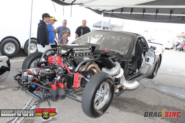 Paul Major rolled in yesterday with his somewhat controversial 2002 Corvette built by DMC Race Cars Inc. It has been updated in the off season with a switch from the rear mount turbos and a 580 ci, 5 inch bore space big Chevy from Joe Newsham’s J&E Racing. The team tested just the other day at MIR with good results, running a 4.53 then a 4.41 before a couple of minor issues ended their session. Sponsors include J&E Racing, DMC Racing, Rossler, Mickey Thompson and Pro Torque.