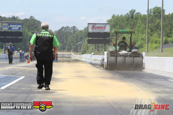 The ADRL Squad 660 track prep team of the Traction Twins is busy re prepping the track after Friday’s and this morning’s rain washed it off. The twins are regarded as the best in the business and their dedication to the sport shows in how they go about the procedure of getting it right. Competition Director Bubba Corzine took a walk out to see the progress.