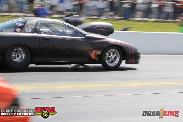 Pro Drag Radial was the first class up this morning with Kyle Huettel coming out strong with his Cypress, Texas based 2002 Fulton powered Camaro, earning top qualifier with a 4.280 @ 175 MPH. He was paired with Steve Jackson who struck the tires running a 5.64 @ 100 MPH.