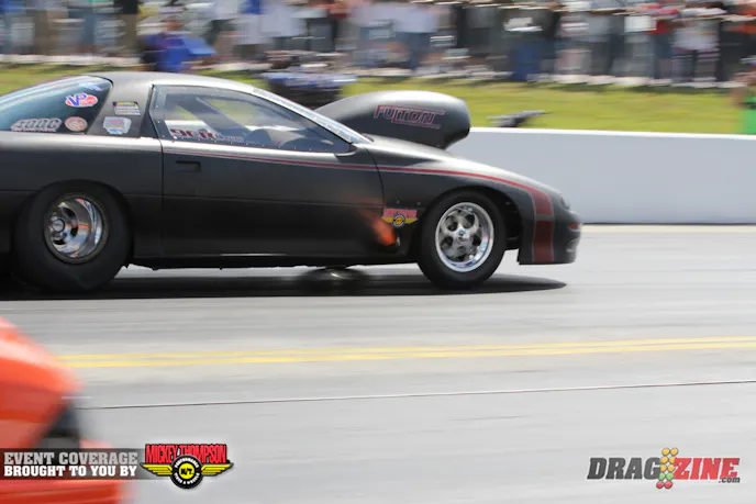 Pro Drag Radial was the first class up this morning with Kyle Huettel coming out strong with his Cypress, Texas based 2002 Fulton powered Camaro, earning top qualifier with a 4.280 @ 175 MPH. He was paired with Steve Jackson who struck the tires running a 5.64 @ 100 MPH.