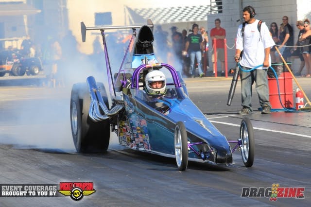 Eddie Careccia blasted the Top Dragster field with top MPH and low ET with a 3.97 @ 186 MPH pass.