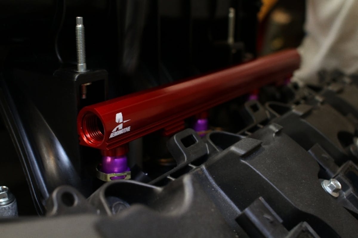 Aeromotive fuel rails and Injector Dynamics ID1000 injectors will provide all of the fuel we can suck down.