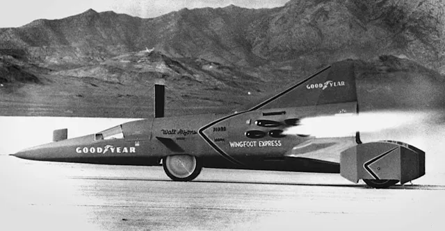 Walt Arfons built the first jet-engine dragster and briefly held the land-speed record "Wingfoot Express" (seen here) fires up it's side rockets, during a test run at the Bonneville Salt Flats. The driver was Bob Tatroe.