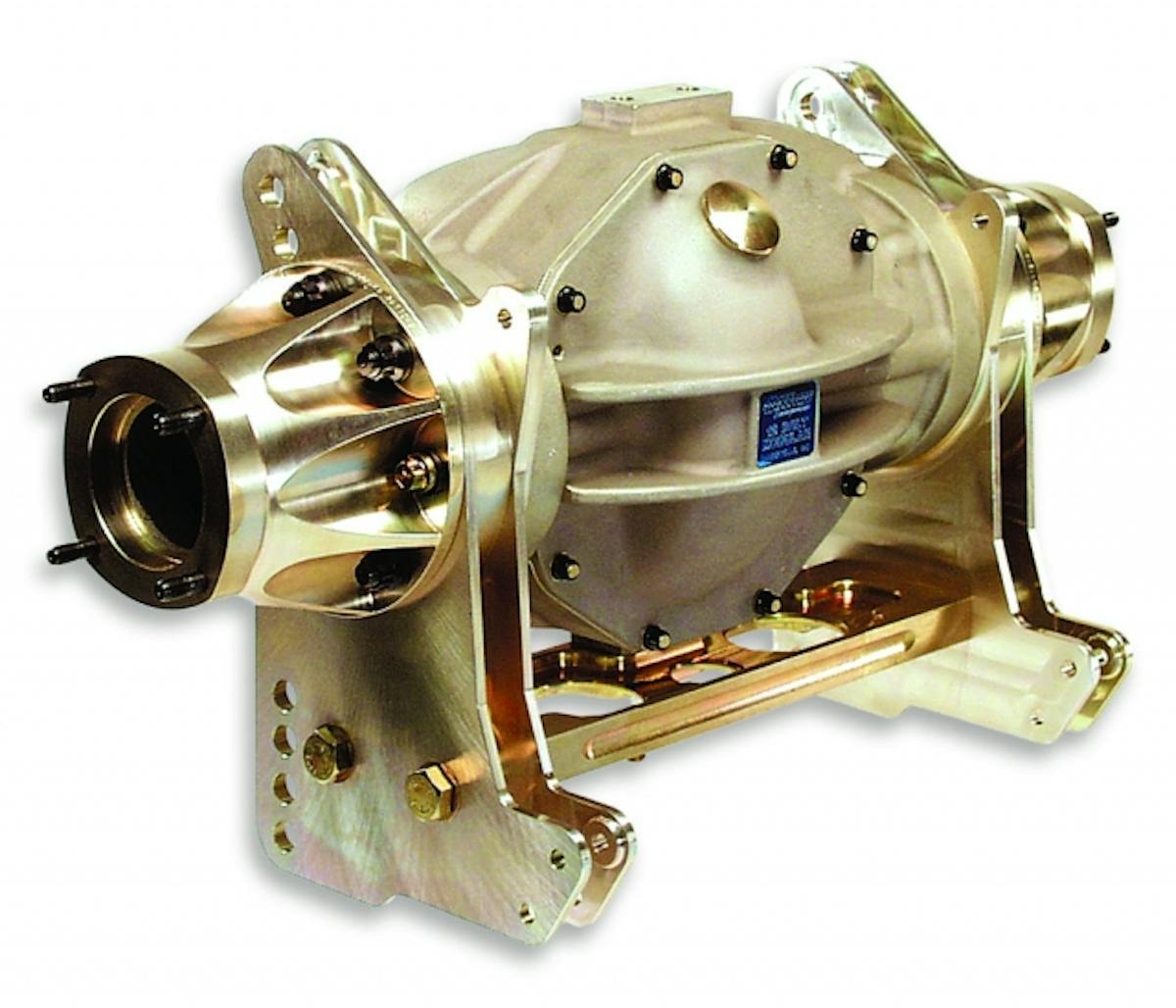 Mark Williams' standard 28-7/8” 12-bolt housing with aluminum billet four-link brackets (18” centers) and aluminum end bells.