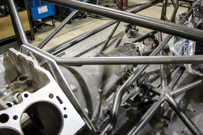 A mock up trans is used when setting up the engine and transmission mounts. This car is going to use a Rossler TH400, and the facility has over 30 mock-up transmission combinations so they can cover every customer’s needs.