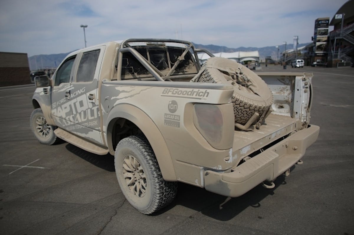 The MMP Raptor Assault program featured 2012 Ford F-150 SVT Raptor's with 411 hp 6.2-liter V-8s, 6-speed auto trannys, Fox internal bypass racing shocks and 35-inch BFGoodrich T/K KO tires.