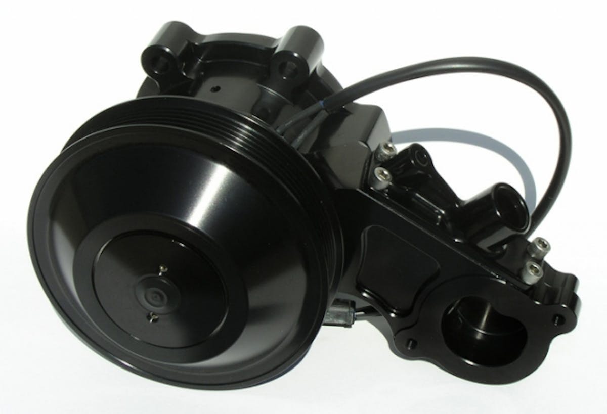 Meziere's electric water pump accepts the factory thermostat housing and heater tube, making it a true bolt-in installation, save for a couple of small wiring tasks to provide power.