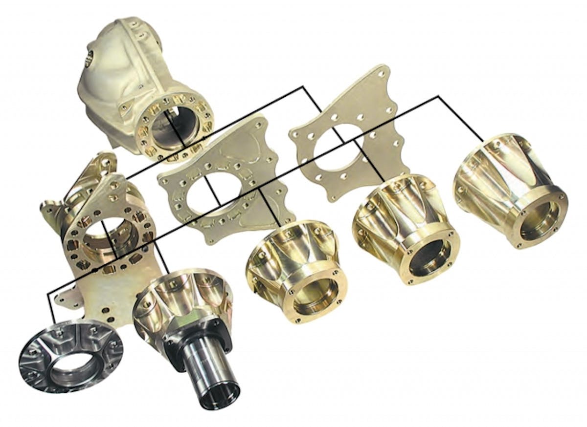 This diagram provides an exploded view of sorts that outlines how the Mark Williams Modular housings fit together. The housing center (top) is paired with the according four-link brackets, spacers, and end bells to create the complete housing.