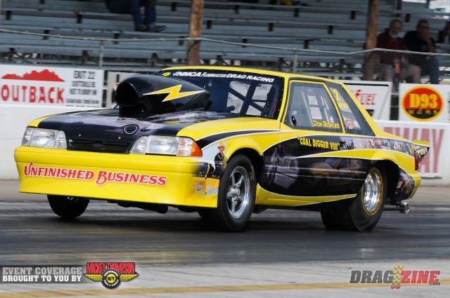 Kentucky native Don Bowles just missed Andy Schmidt's clas-leading 8.11 in the first session of N/A 10.5 competition, recording a stellar 8.12 from his very cool Ford Mustang.