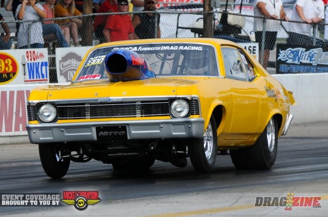 It's been quite a while, five years to be exact, since NMRA and NMCA standout 'Uncle Robin' Lawrence last competed with the series. Lawrence, who hails from nearby Rockfield, Ky. is running his Nova, powered by a 440-inch LSX utilizing a Holley EFI system, in Nostalgia Pro Street. Lawrence's mount took a hard turn toward the centerline in he first session today, forcing him to abort the run.