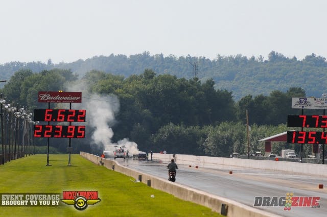 The weekend came to a rather quick and unfortunate end for Joliet Super Street runner-up Ray Jaso and his killer twin-turbo Mustang, as the car reportedly broke a rod and caught fire in the shutdown area. As you can see in the images below, the blaze damaged the nose, windshield, and dash, along with a lot of the wiring and plumbing in the front half of the car. His team indicated that they plan to be back in a few weeks at Norwalk.