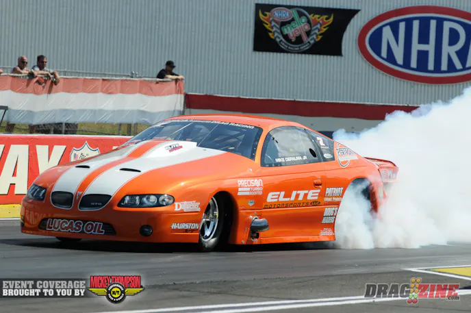 Followers of our NMCA Muscle Car Nationals coverage will certainly recognize this car, as veteran Competition Eliminator ace Mike Depalma has stepped into the seat of Clint Hairston's twin-turbo, small block-powered GTO this weekend. DePalma and the Hairston clan are running the car, which has been in the low 5.90's in NMCA Pro Street trim, in the AA/AT category, and they're currently the No. 1 qualifier in Comp by a ton, going -0.926 under the class index with a monster 6.11 in qualifying yesterday.
