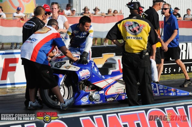 Pro Stock Motorcycle points leader Hector Arana Jr. broke on the starting line on his opening hit and could only watch as Matt Smith secured the provisional pole with a 7.010.