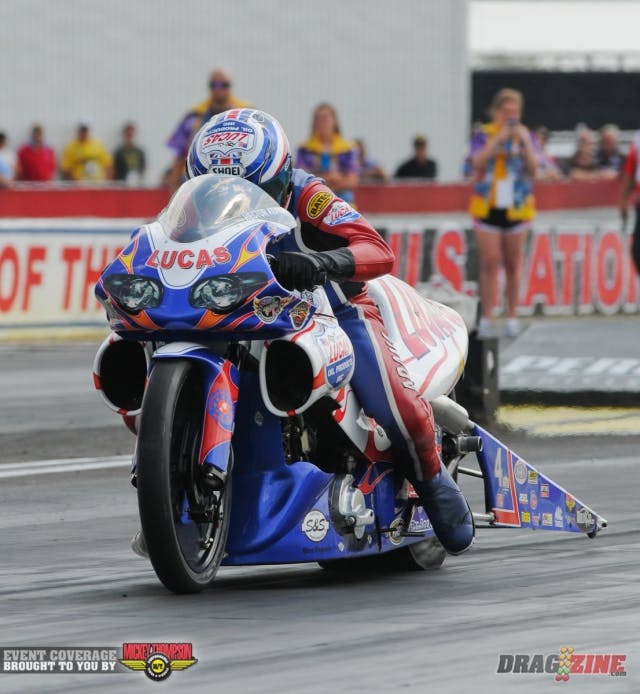 Hector Arana Sr. demoralized the Pro Stock Motorcycle field in the hot and muggy second session this afternoon, running the only "six", a 6.968, to move to No. 1. The closest rider to Arana was Shawn Gann at 7.020.