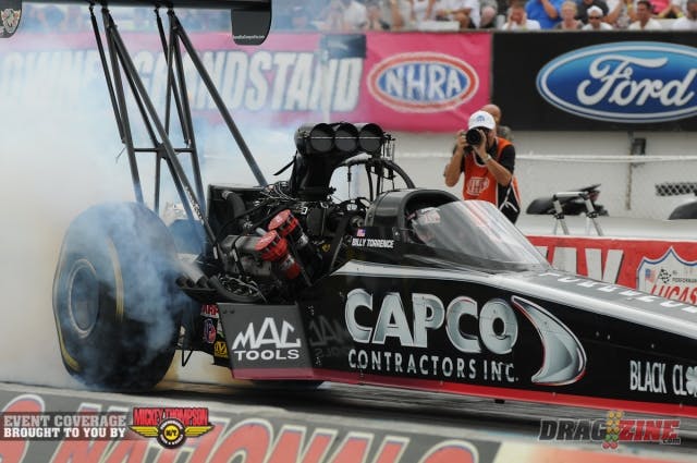 Billy Torrence made the quickest run of his very short Top Fuel career in today's third qualifying session in the much improved weather conditions, moving all the way up to No. 4 on the sheet with the quickest run of the round, a 3.823. Tony Schumacher currently holds down the bump spot with his 3.904 with just one session remaining for he and nine drivers outside the show to make something happen.