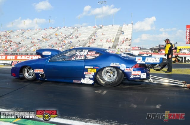 NMCA Pro Street racer Jim Widener, who recently score his first victory in the former Tony Bischoff-driven mountain-motor Cougar, pedaled his way onto the bump spot in his NHRA debut with a 6.32 at 225 mph.