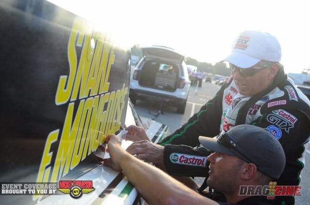 Even John Force has gotten in on the Snake & Mongoose Movie buzz, as he was seen applying a decal promoting the movie to his Castrol Mustang prior to his first qualifying shot this evening.