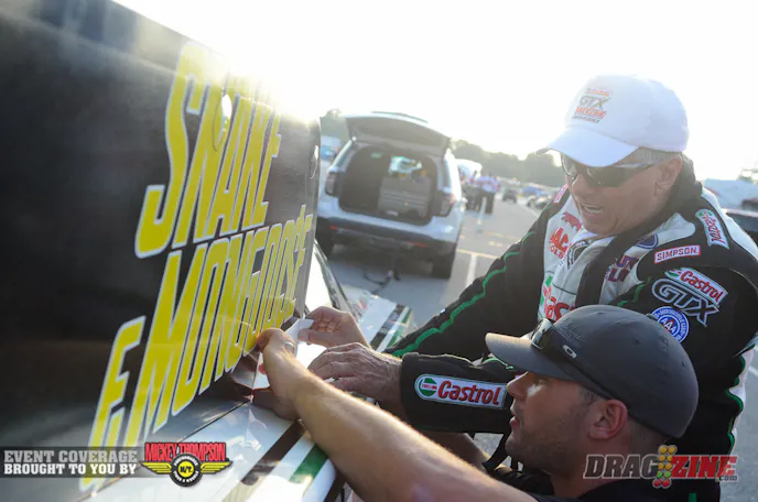 Even John Force has gotten in on the Snake & Mongoose Movie buzz, as he was seen applying a decal promoting the movie to his Castrol Mustang prior to his first qualifying shot this evening.